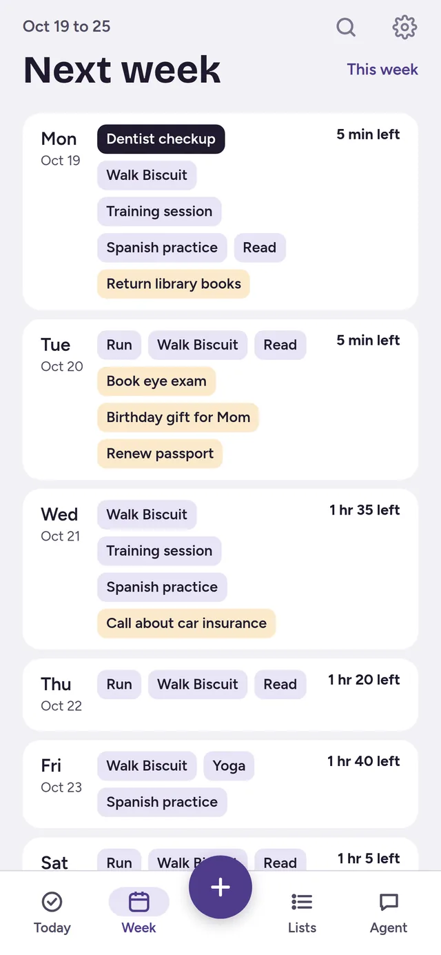 What to Do? on a phone: the same week as a stack of day cards filled with task pills.
