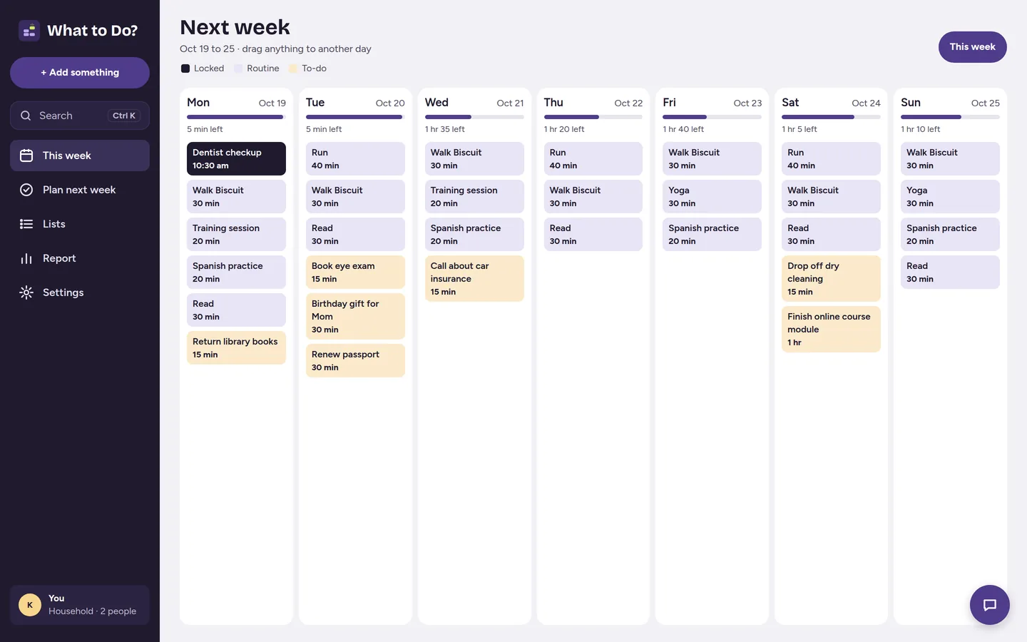 What to Do? on the web: next week as seven day columns, each holding routines, to-dos and one locked appointment, with time left shown per day.